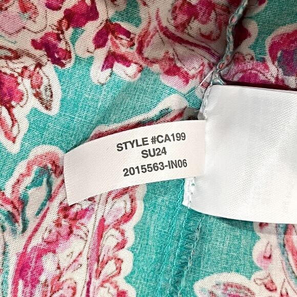 J Crew Factory Women’s SZ M Cotton Poplin Popover Top Puff Sleeve Green & Pink - Picture 8 of 8